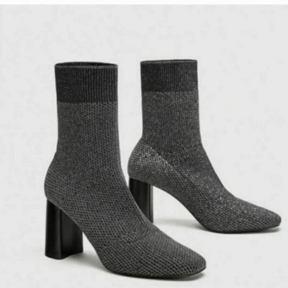 Zara Basic Collection Sock Boot Shimmer Grey Heels Size 8 US / 39 EU Ankle Boots